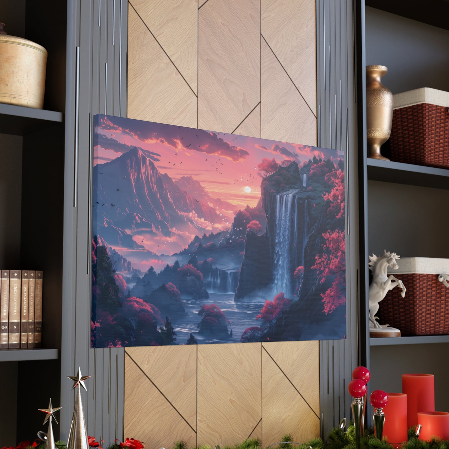 Dreamy Landscape Sunset with Waterfall and Mountains - Digital Illustration Canvas Gallery Wraps