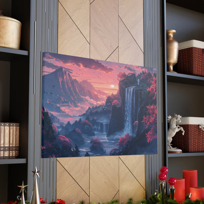 Dreamy Landscape Sunset with Waterfall and Mountains - Digital Illustration Canvas Gallery Wraps