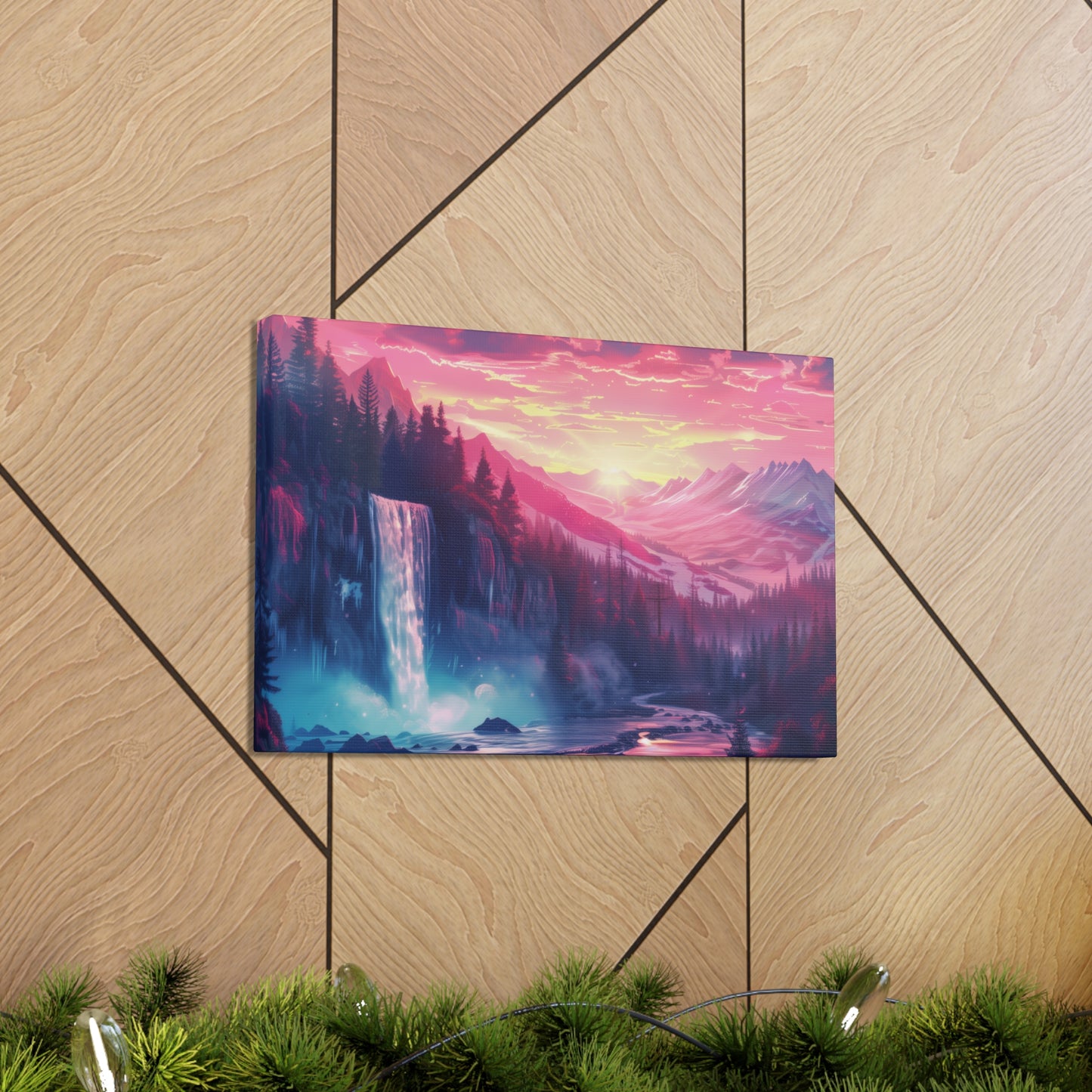 Dreamy Landscape with Waterfall and Mountains - Purple Evening Digital Illustration Canvas Gallery Wraps