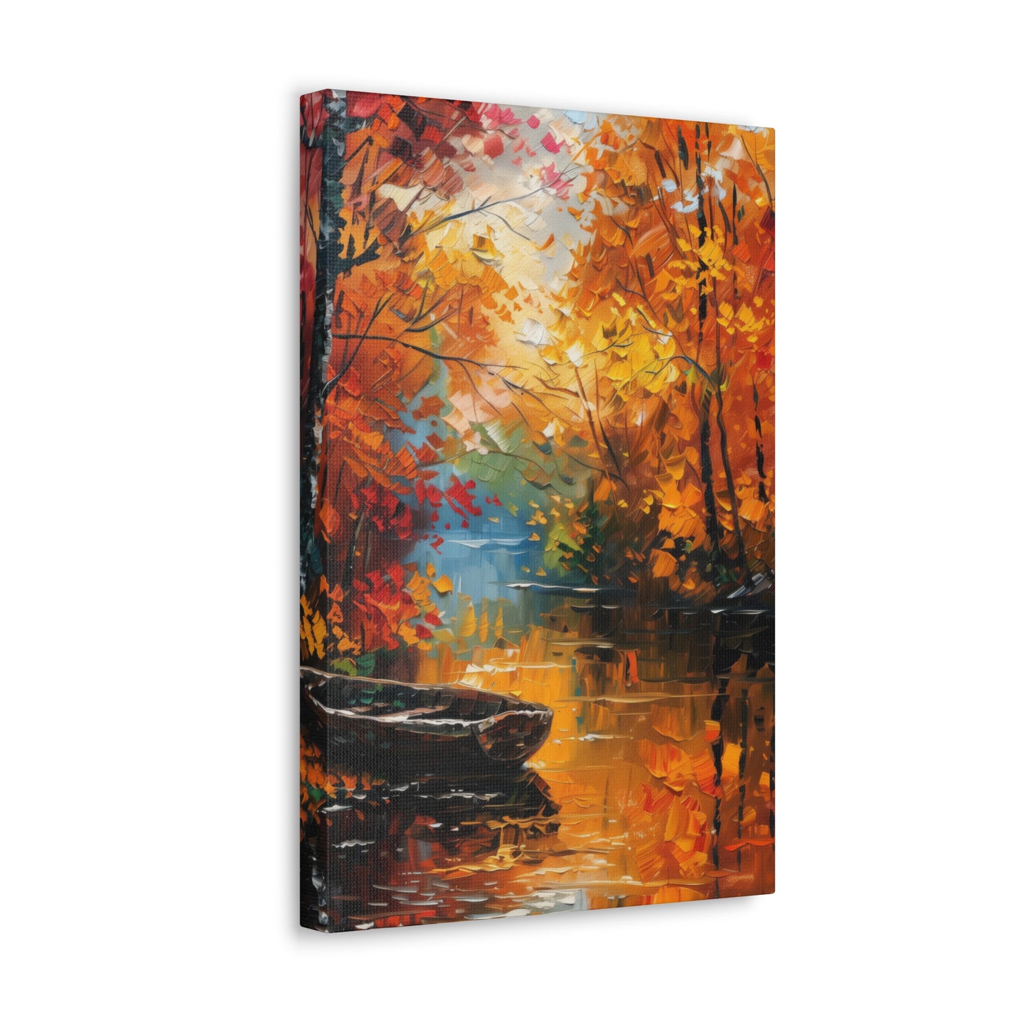 Boat in river side which flows through autumn forest - Leonid Afremov Style Digital Print Canvas Gallery Wraps