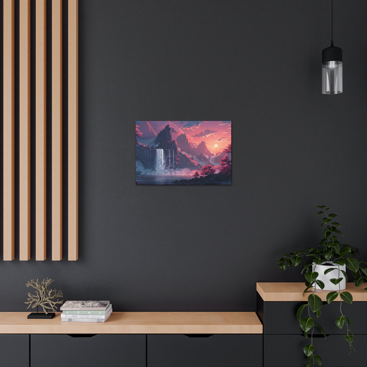 Dreamy Landscape Sunset with Waterfall and Mountains - Digital Illustration Canvas Gallery Wraps