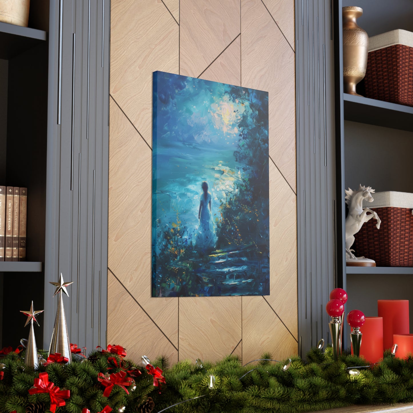 Woman looking at sea night time Digital Oil Painting Print Canvas Gallery Wraps