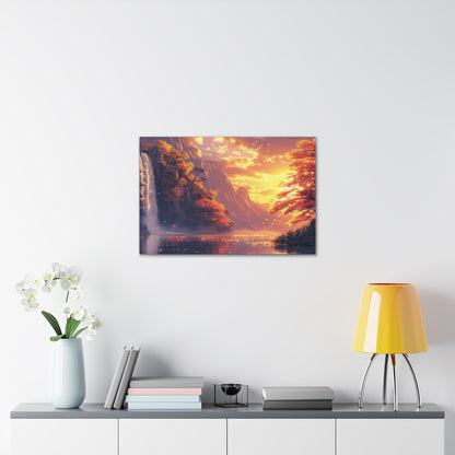 Dreamy Landscape - Waterfall and Mountains in Golden Morning Illustration Canvas Gallery Wraps