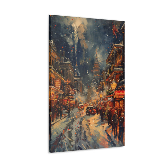 Christmas Street Corner in Downtown - Rembrandt Style Digital Oil Painting Canvas Gallery Wraps