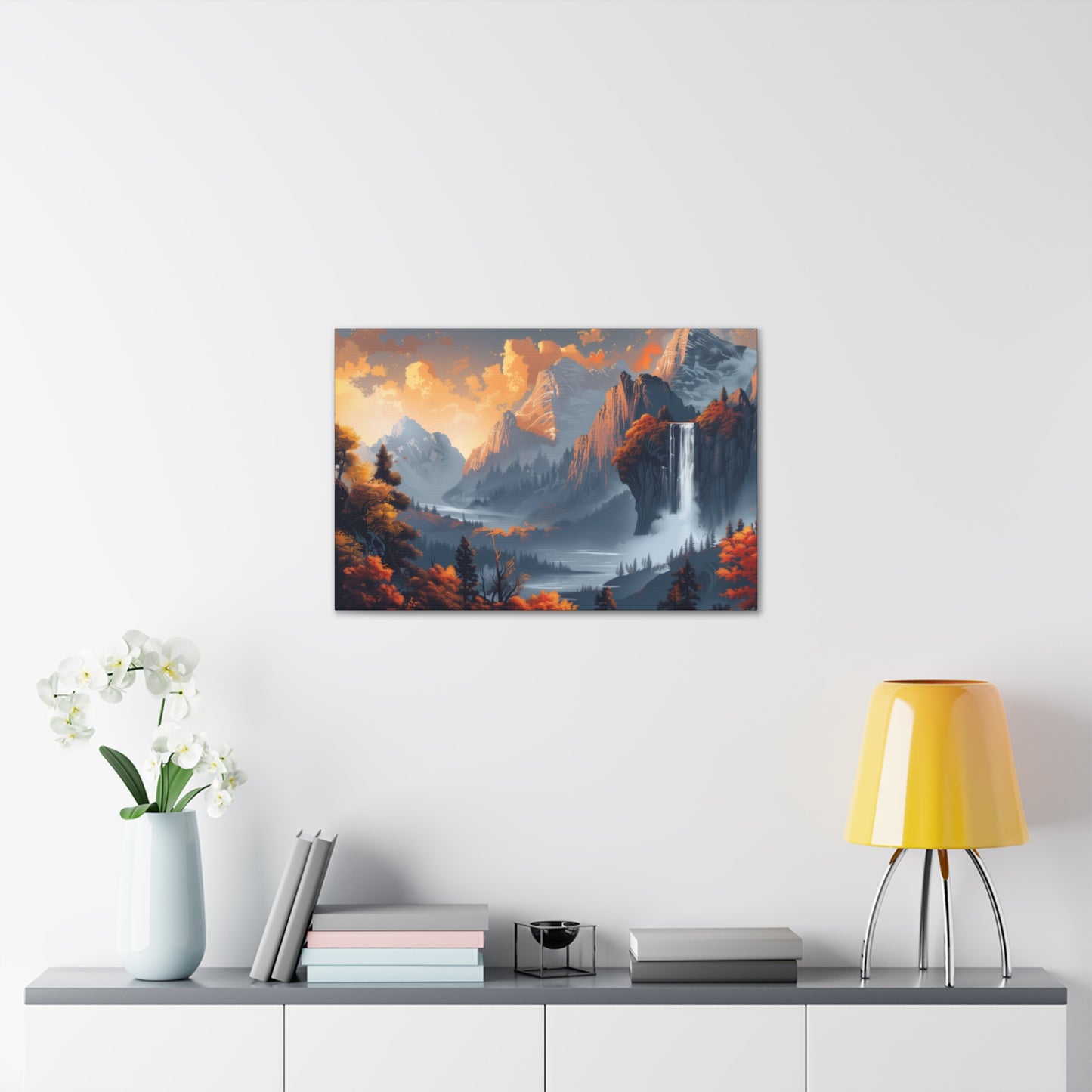 Dreamy Landscape Morning with Waterfall and Mountains - Digital Illustration Canvas Gallery Wraps