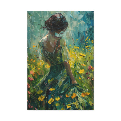 girl in a flower field wearing a green dress Digital Oil Painting Print Canvas Gallery Wraps