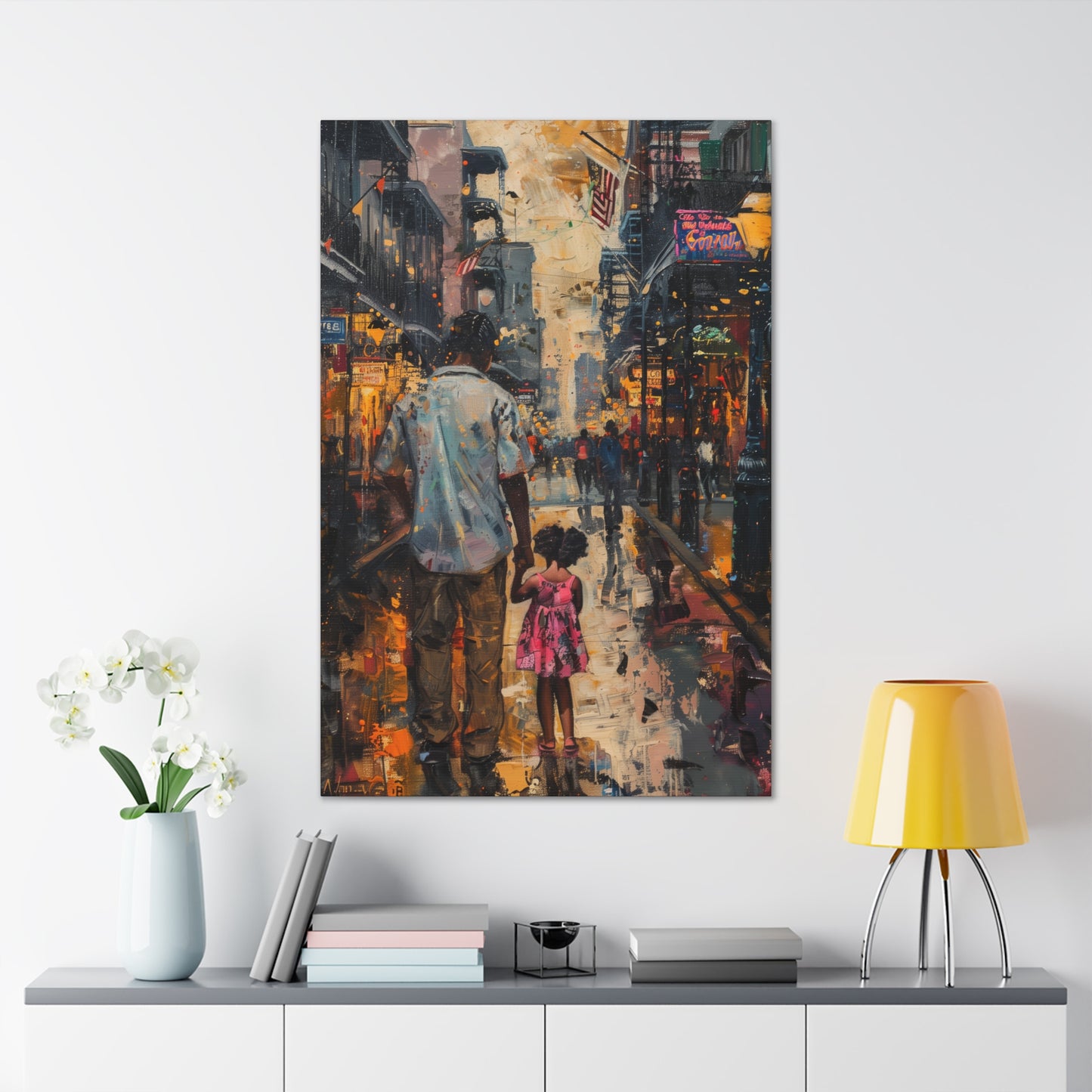 Father and Daughter Walking on the Street - Rembrandt Style Digital Oil Painting Canvas Gallery Wraps