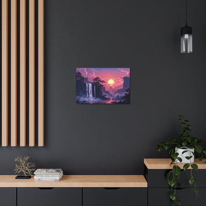 Dreamy Landscape with Waterfall and Mountains - Purple Evening Digital Illustration Canvas Gallery Wraps