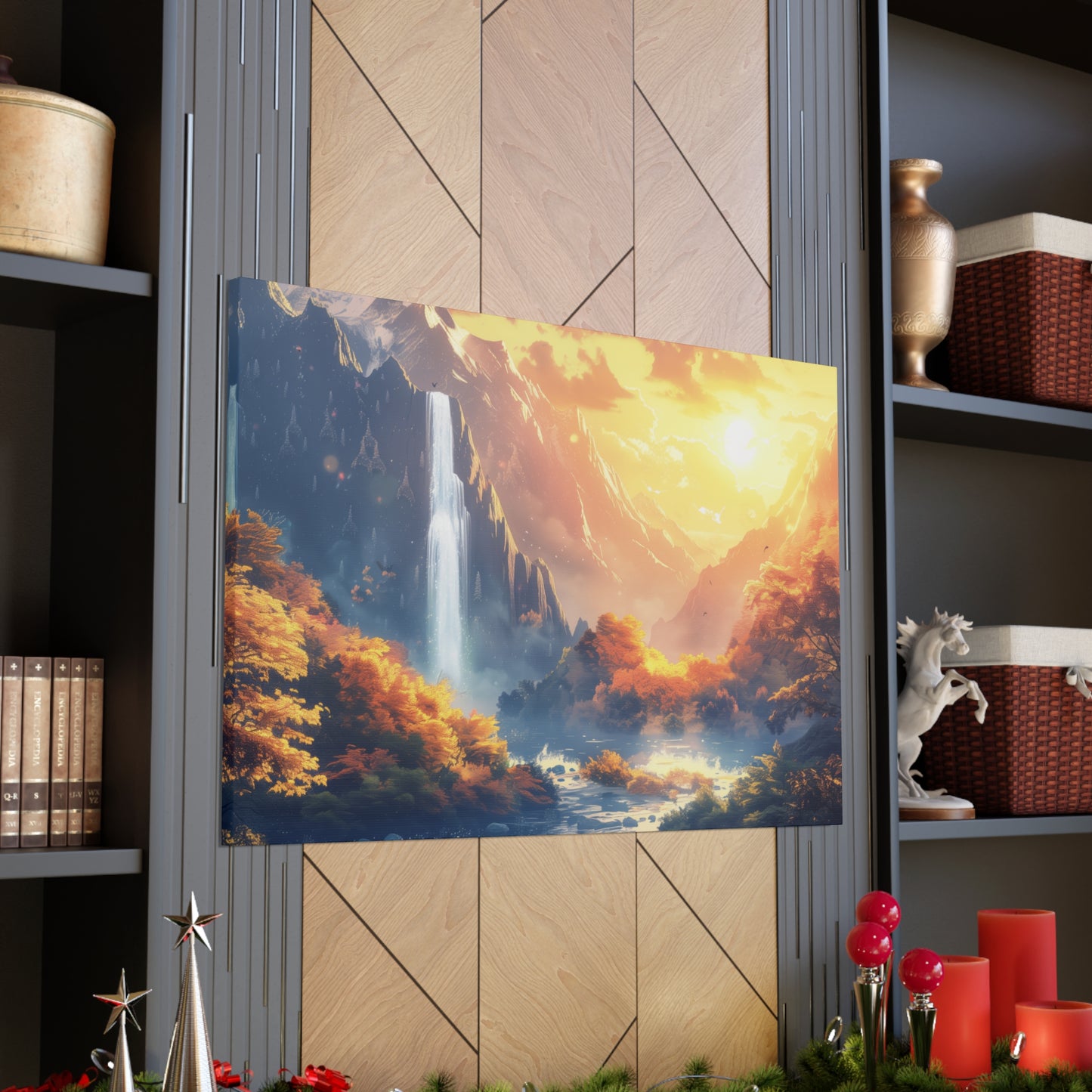 Dreamy Landscape - Waterfall and Mountains in Golden Morning Illustration Canvas Gallery Wraps