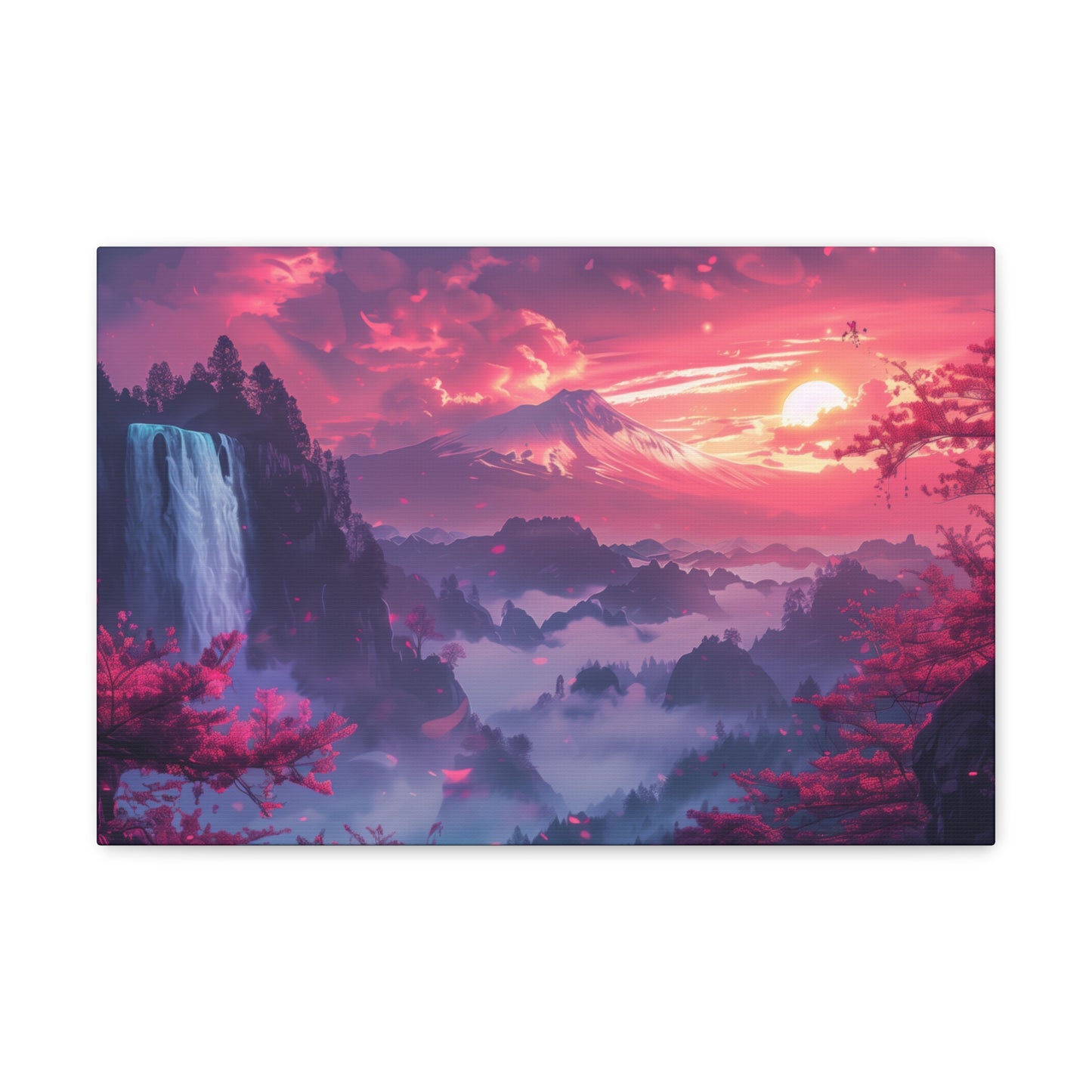 Dreamy Landscape Sunset with Waterfall and Mountains - Digital Illustration Canvas Gallery Wraps