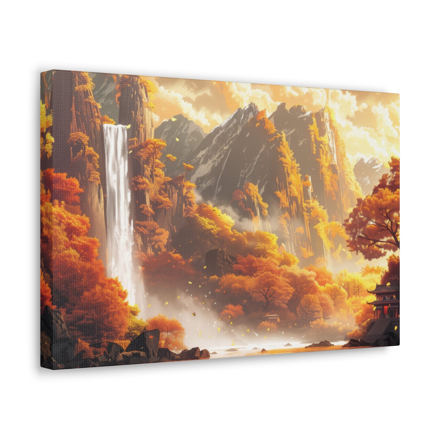 Dreamy Landscape Sunset with Waterfall and Mountains - Digital Illustration Canvas Gallery Wraps