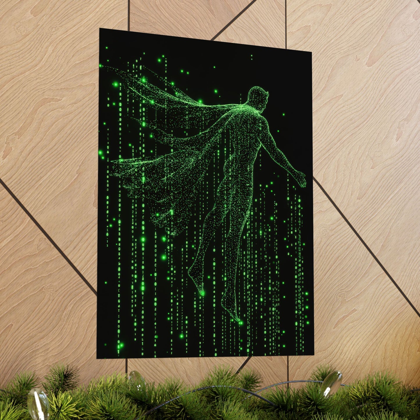 Neon Code Guardian: 3D Glitch Superman Matrix Effect - Digital Illustration Matte Vertical Poster