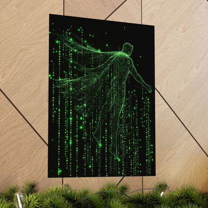 Neon Code Guardian: 3D Glitch Superman Matrix Effect - Digital Illustration Matte Vertical Poster