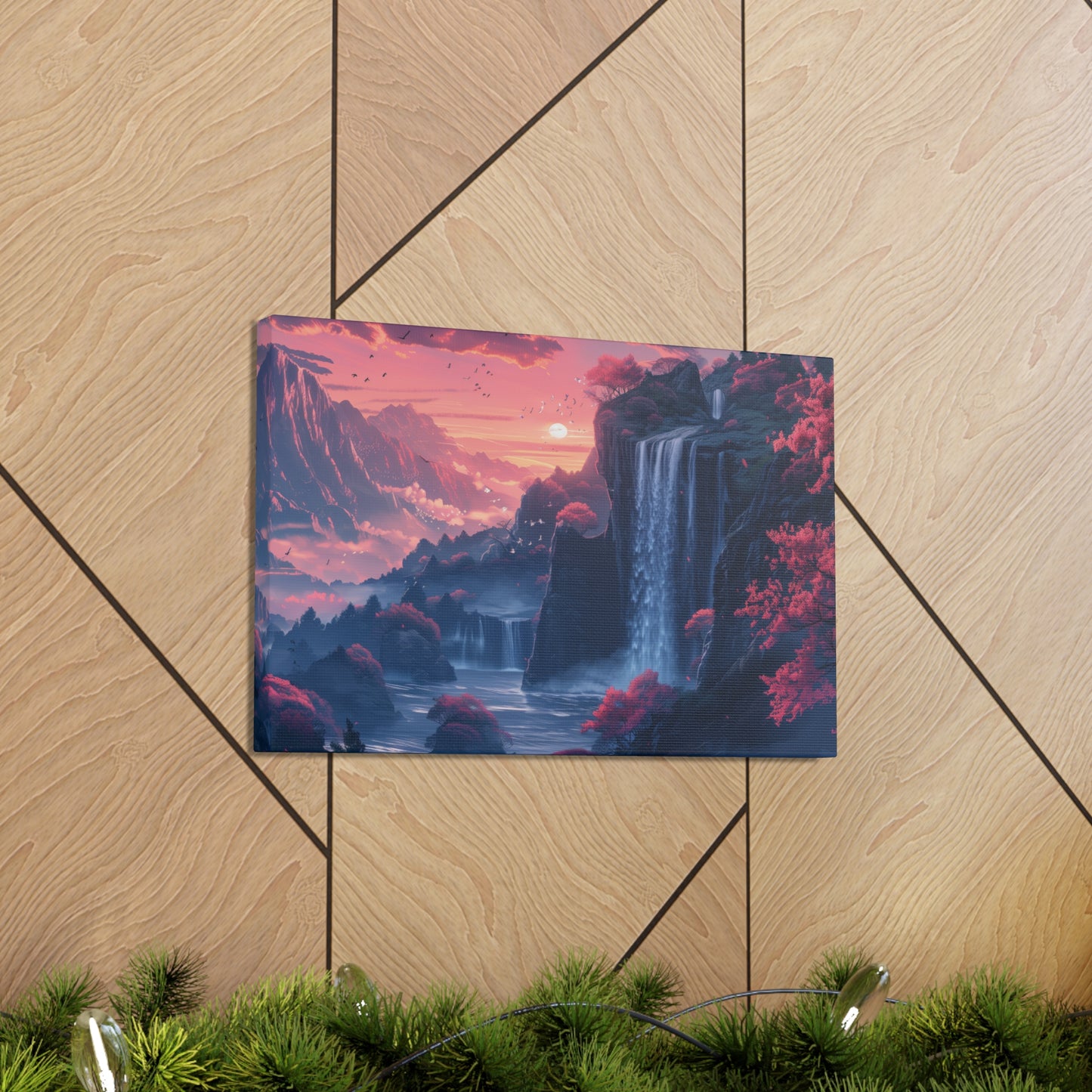 Dreamy Landscape Sunset with Waterfall and Mountains - Digital Illustration Canvas Gallery Wraps