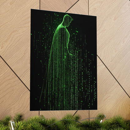 Neon Code Guardian: 3D Glitch Superman Matrix Effect - Digital Illustration Matte Vertical Poster