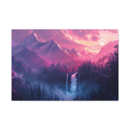 Dreamy Landscape Sunset with Waterfall and Mountains - Digital Illustration Canvas Gallery Wraps