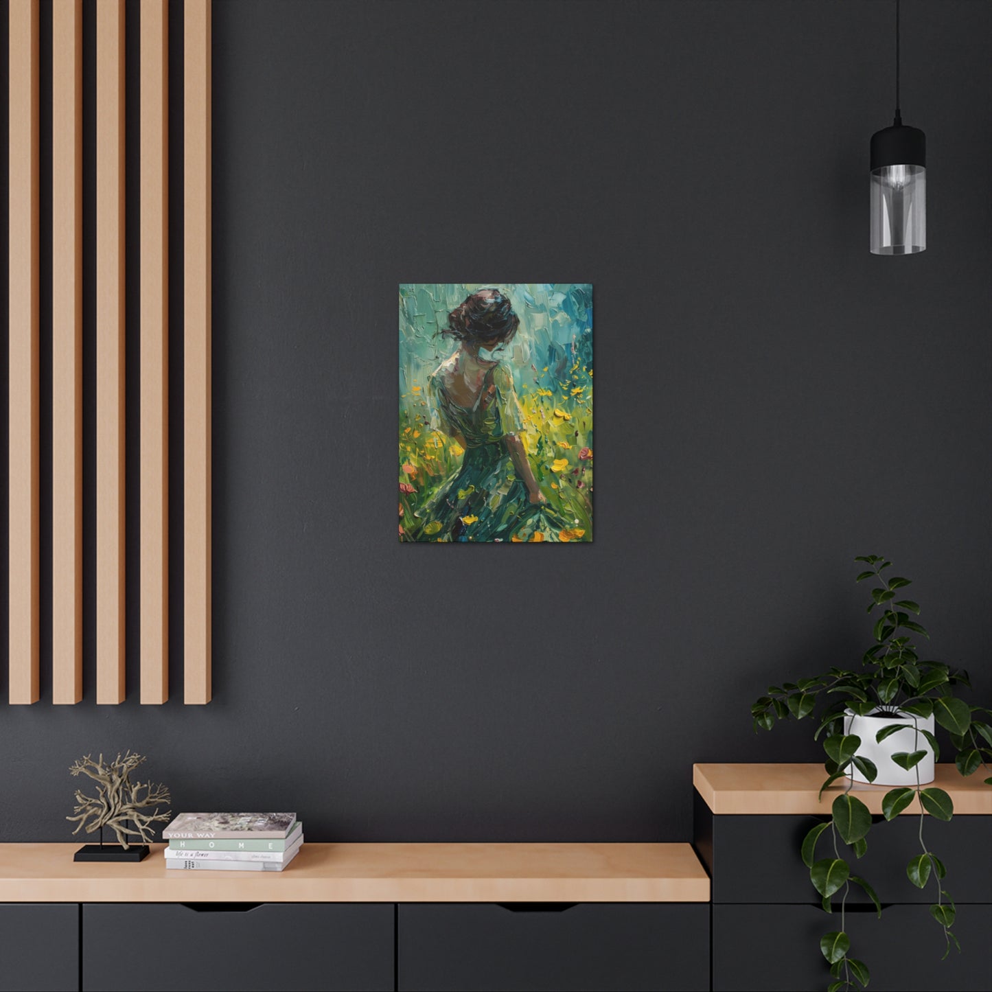 girl in a flower field wearing a green dress Digital Oil Painting Print Canvas Gallery Wraps