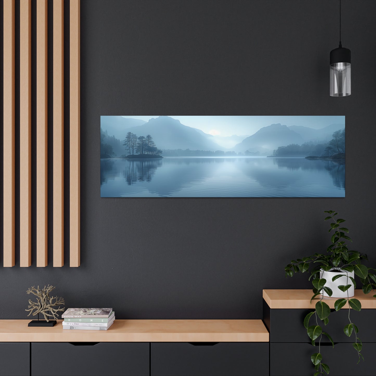 Lake Landscape with Mountains - Morning Mist Panorama Canvas Gallery Wraps