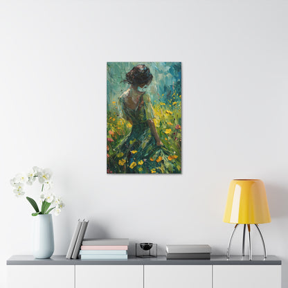 girl in a flower field wearing a green dress Digital Oil Painting Print Canvas Gallery Wraps