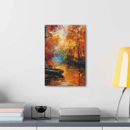 Boat in river side which flows through autumn forest - Leonid Afremov Style Digital Print Canvas Gallery Wraps