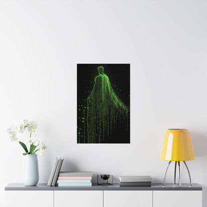 Neon Code Guardian: 3D Glitch Superman Matrix Effect - Digital Illustration Matte Vertical Poster