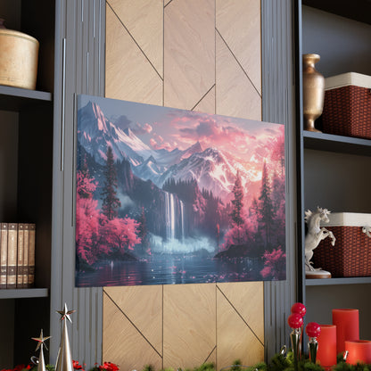 Dreamy Landscape Sunset with Waterfall and Mountains - Digital Illustration Canvas Gallery Wraps