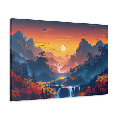 Dreamy Landscape Sunset with Waterfall and Mountains - Digital Illustration Canvas Gallery Wraps