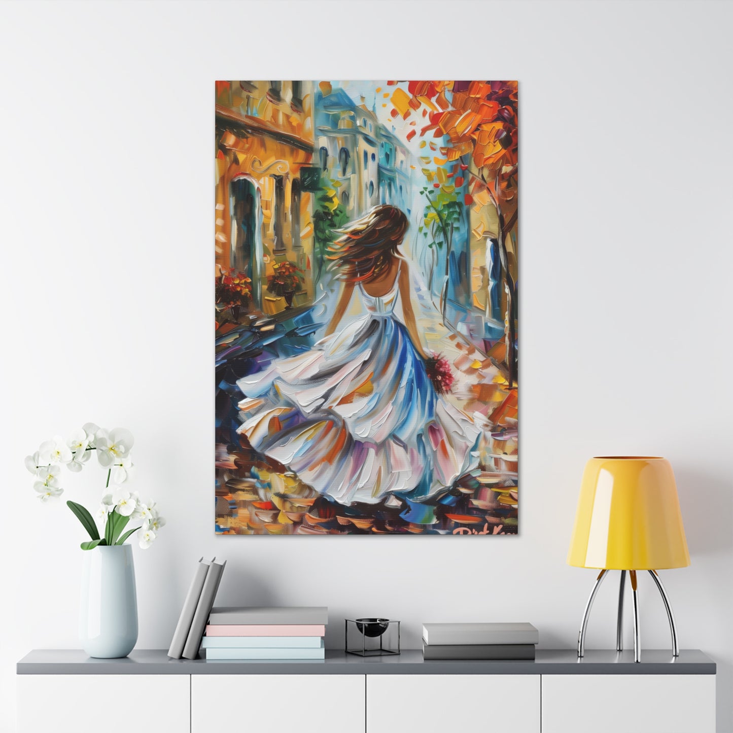 Bride walking in the medieval streets - Leonid Afremov Style Digital Print Canvas Gallery Wraps