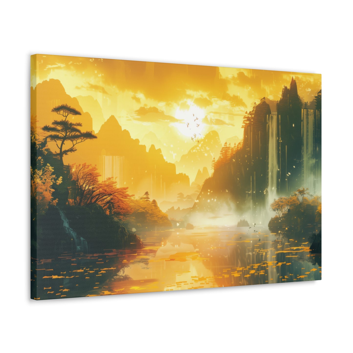 Dreamy Landscape Sunset with Waterfall and Mountains - Digital Illustration Canvas Gallery Wraps