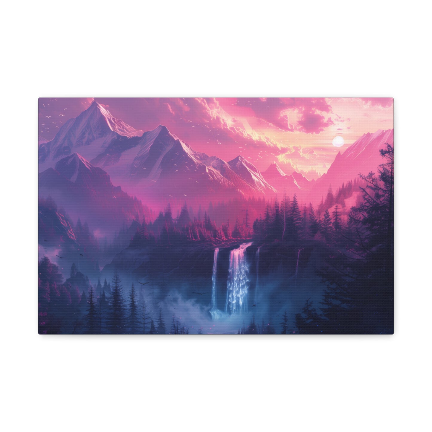 Dreamy Landscape Sunset with Waterfall and Mountains - Digital Illustration Canvas Gallery Wraps