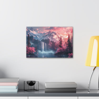 Dreamy Landscape Sunset with Waterfall and Mountains - Digital Illustration Canvas Gallery Wraps