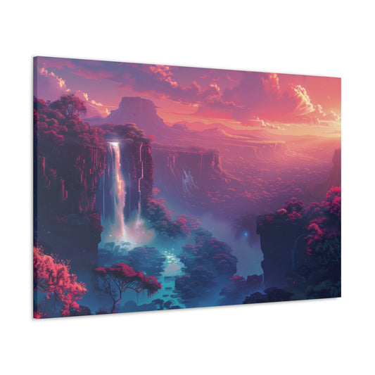 Dreamy Landscape with Waterfall and Mountains - Purple Evening Digital Illustration Canvas Gallery Wraps