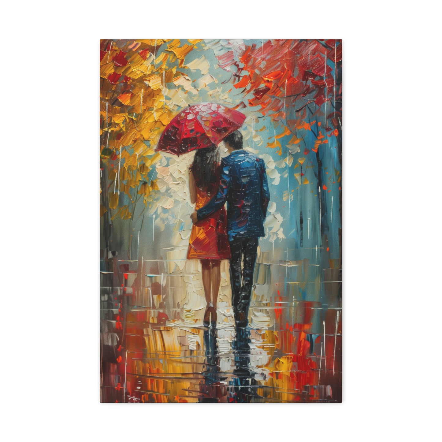 lovely couple holding a umbrella in rain - Leonid Afremov Style Digital Print Canvas Gallery Wraps