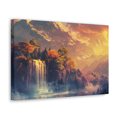 Dreamy Landscape Sunset with Waterfall and Mountains - Digital Illustration Canvas Gallery Wraps