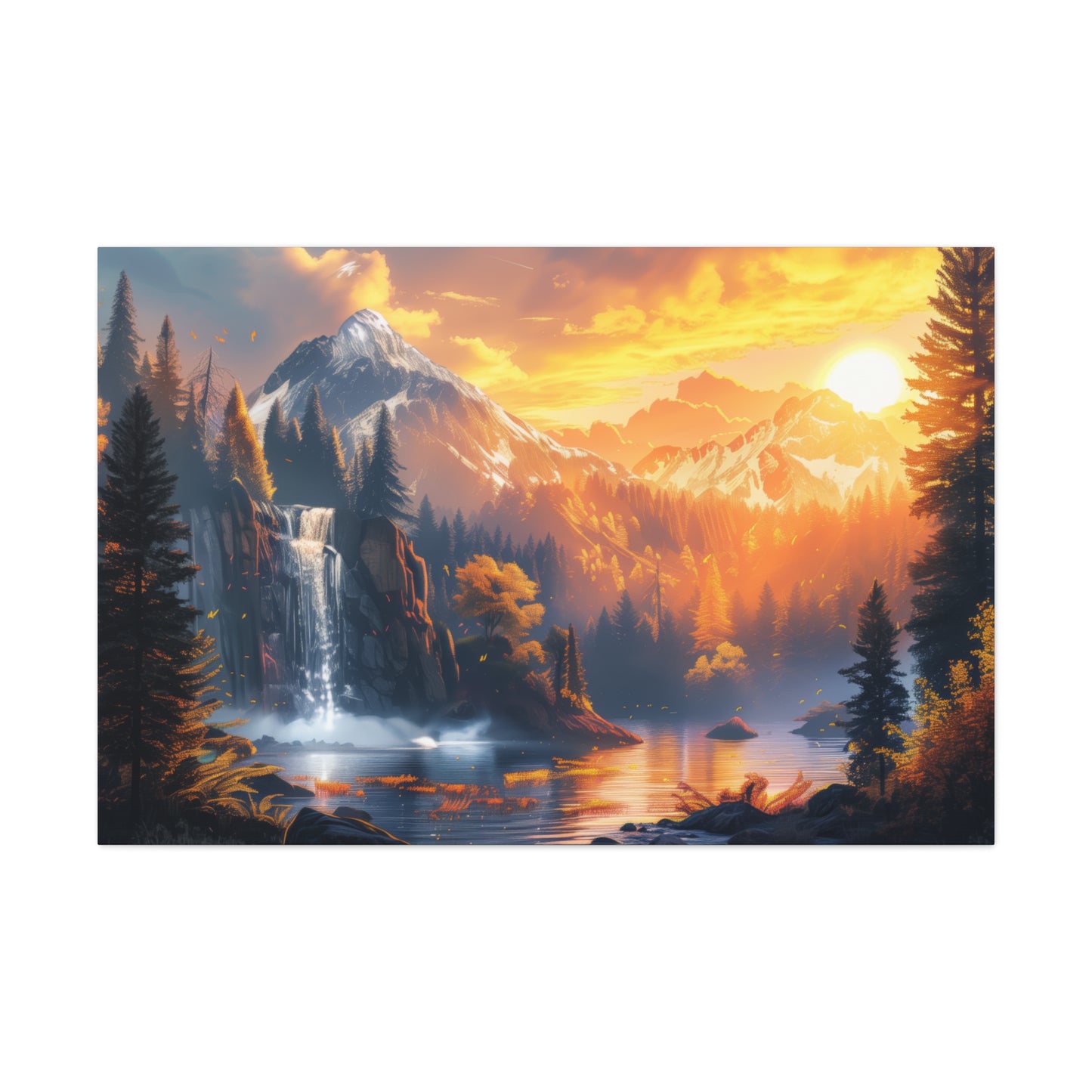 Dreamy Landscape Sunset with Waterfall and Mountains - Digital Illustration Canvas Gallery Wraps