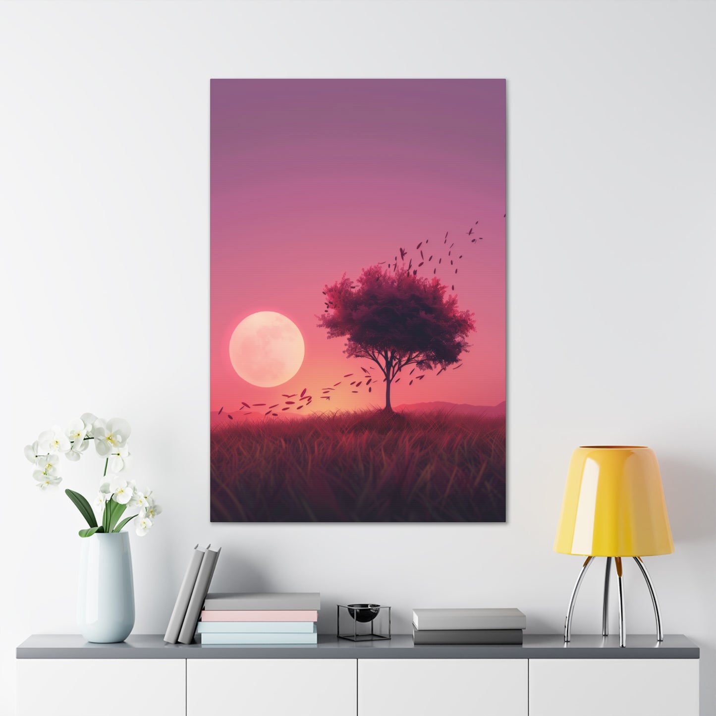 Tree in a Purple Sunset Digital Illustration Canvas Gallery Wraps