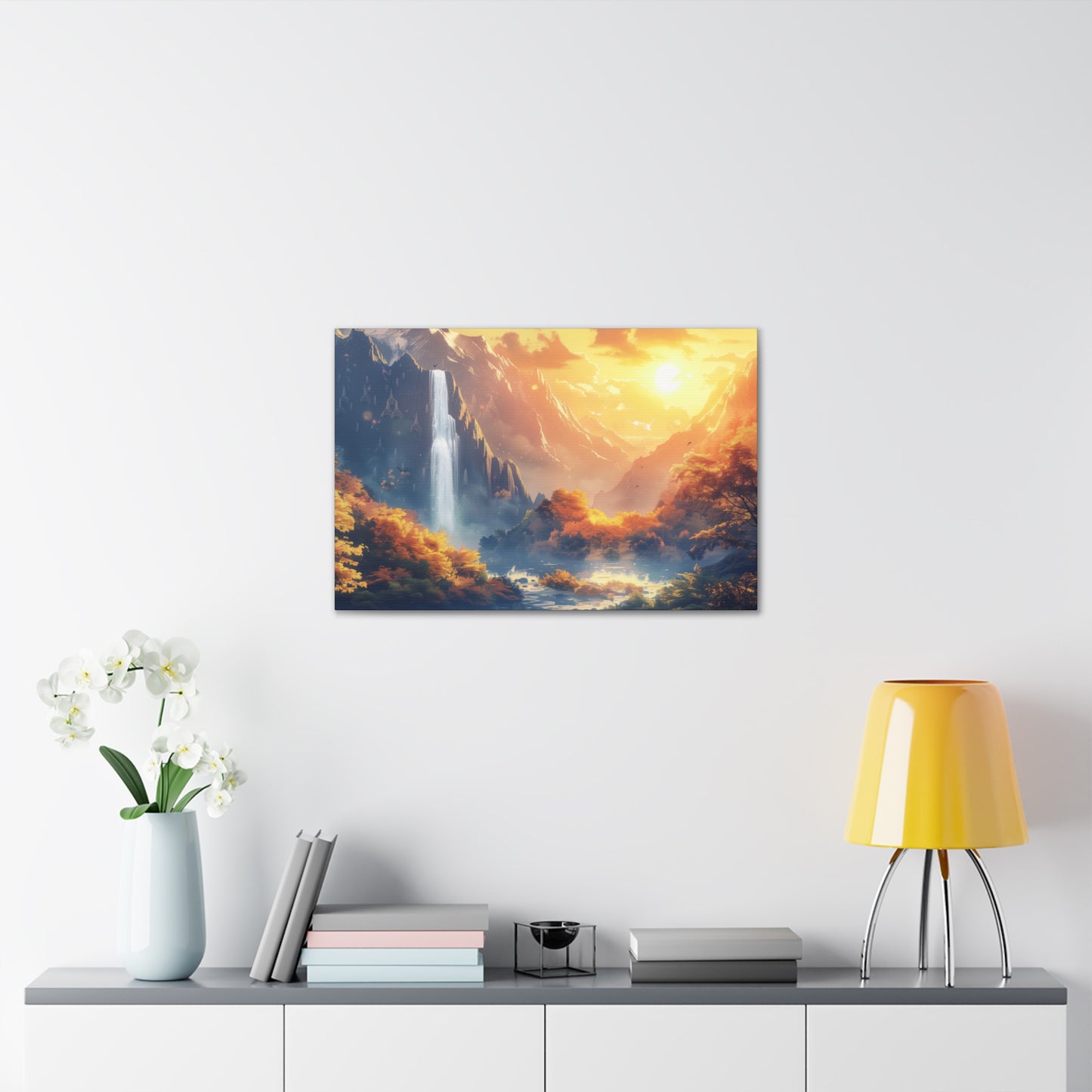 Dreamy Landscape - Waterfall and Mountains in Golden Morning Illustration Canvas Gallery Wraps