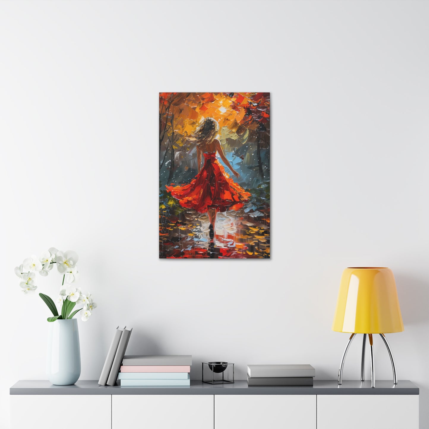 a girl in red dress walking through forest - Leonid Afremov Style Digital Print Canvas Gallery Wraps