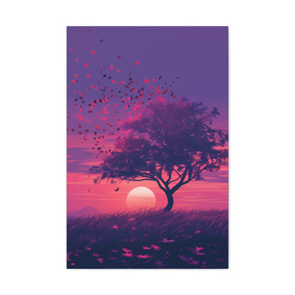 Tree in a Purple Sunset Digital Illustration Canvas Gallery Wraps