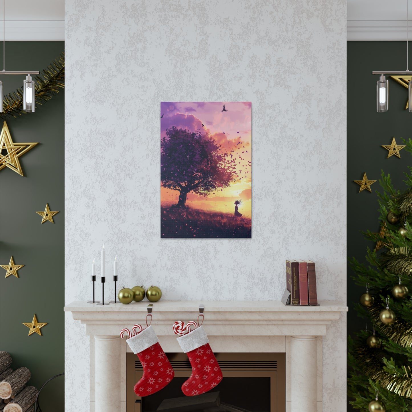 Tree in a Purple Sunset Digital Illustration Canvas Gallery Wraps