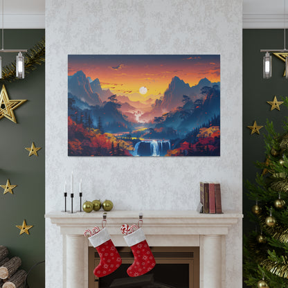 Dreamy Landscape Sunset with Waterfall and Mountains - Digital Illustration Canvas Gallery Wraps