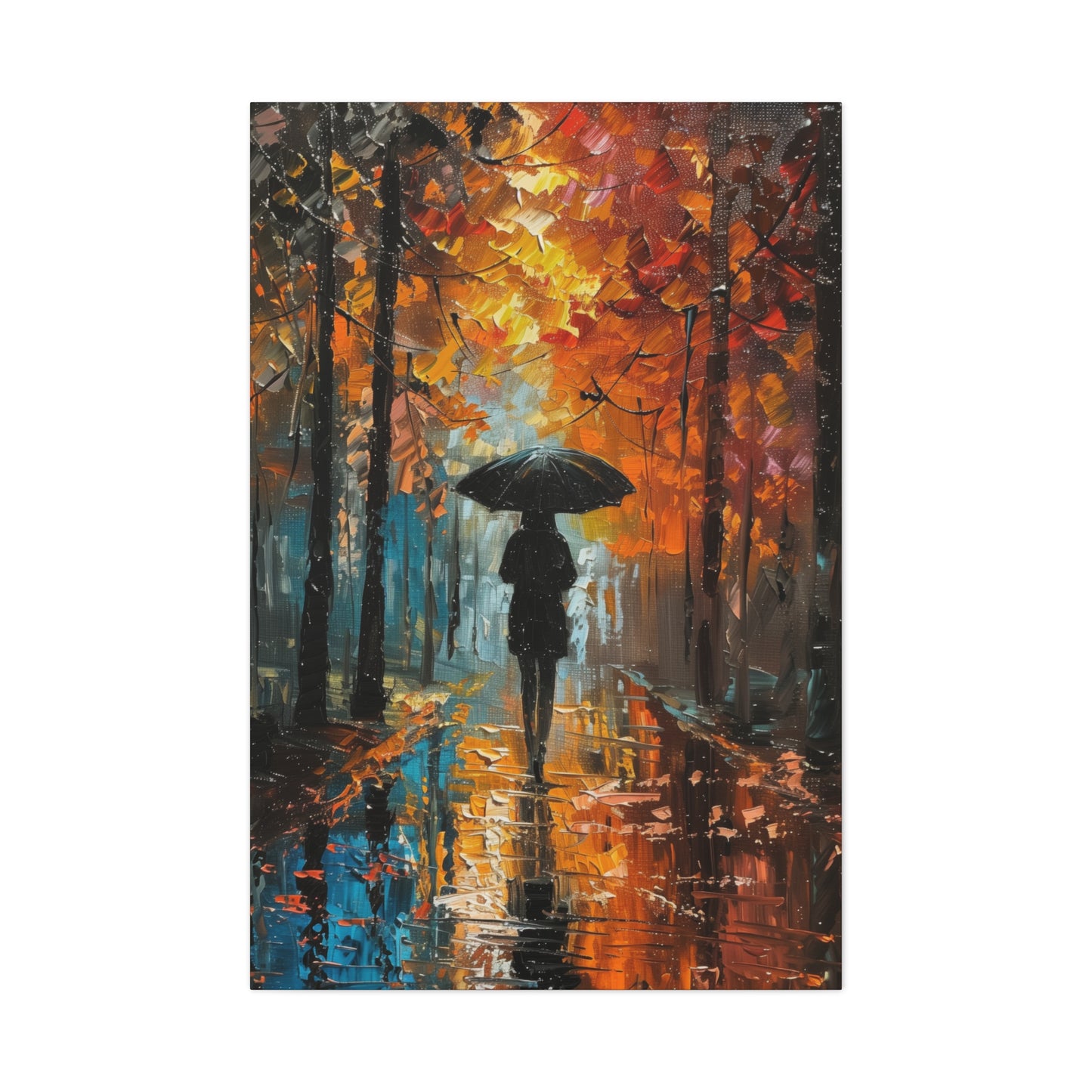 girl with an umbrella walking through forest road - Leonid Afremov Style Digital Print Canvas Gallery Wraps