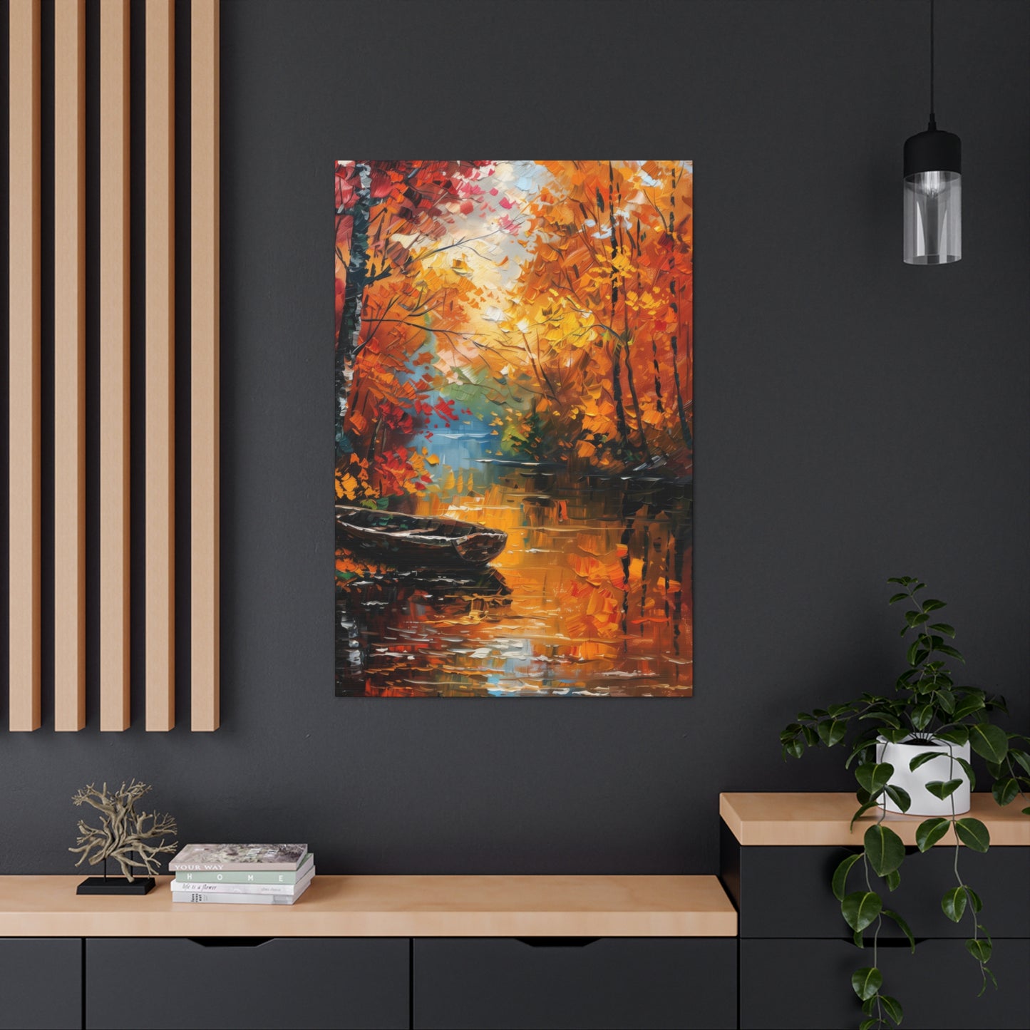 Boat in river side which flows through autumn forest - Leonid Afremov Style Digital Print Canvas Gallery Wraps