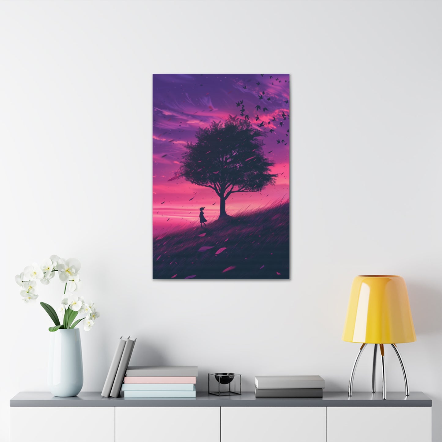 Tree in a Purple Sunset Digital Illustration Canvas Gallery Wraps