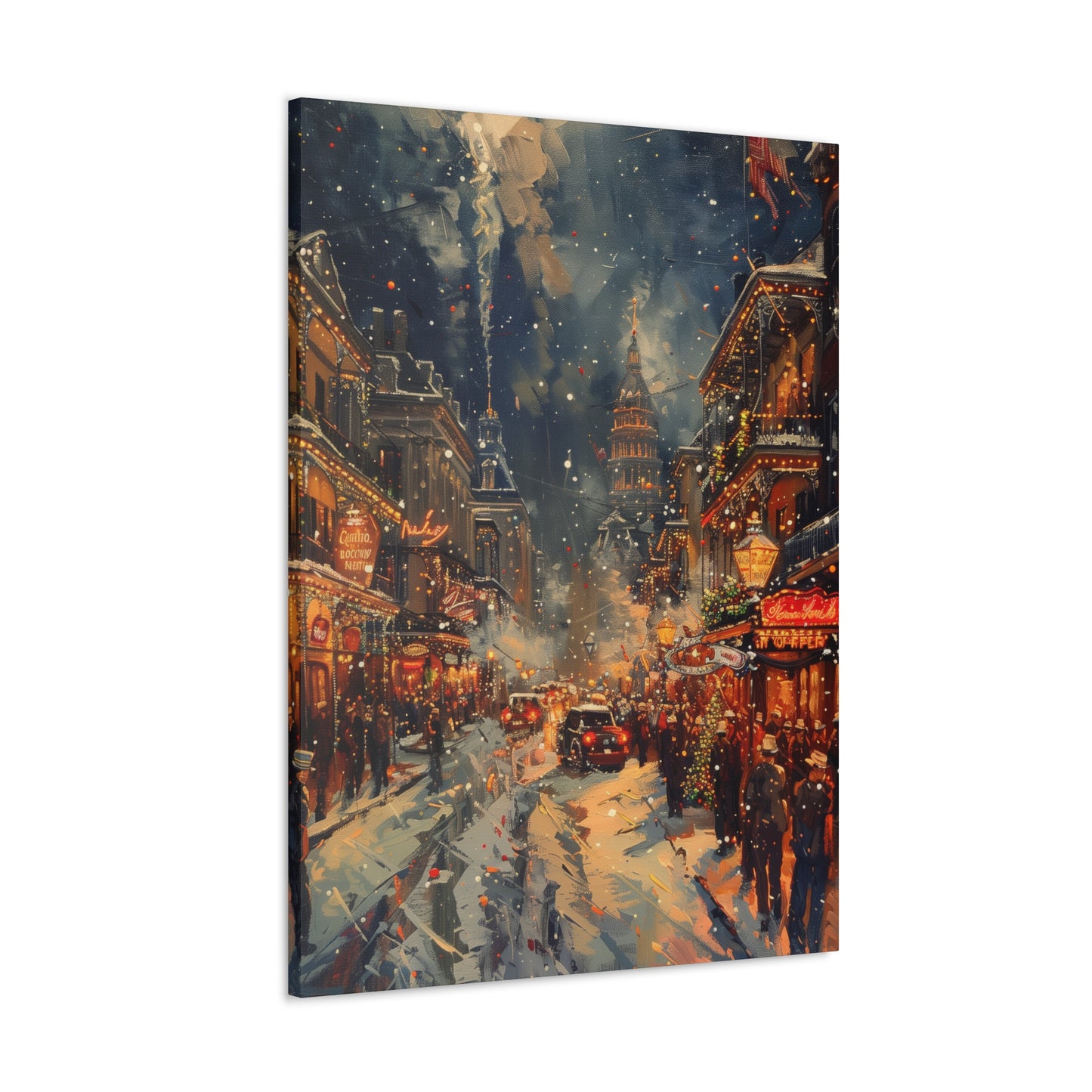 Christmas Street Corner in Downtown - Rembrandt Style Digital Oil Painting Canvas Gallery Wraps