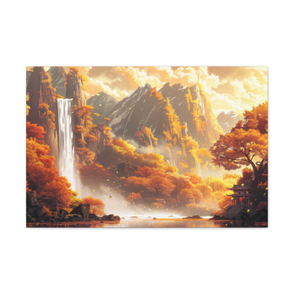 Dreamy Landscape Sunset with Waterfall and Mountains - Digital Illustration Canvas Gallery Wraps