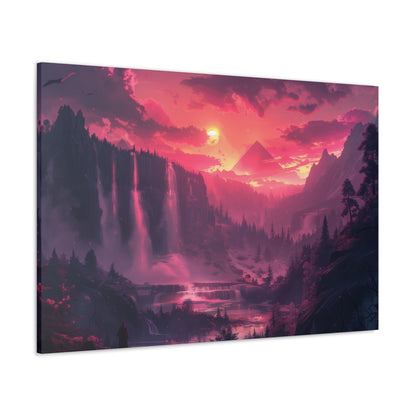 Dreamy Landscape with Waterfall and Mountains - Purple Evening Digital Illustration Canvas Gallery Wraps