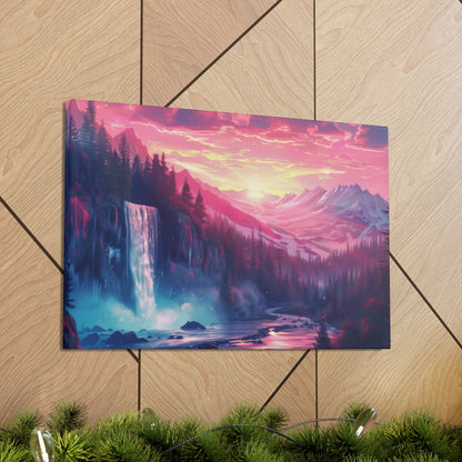 Dreamy Landscape with Waterfall and Mountains - Purple Evening Digital Illustration Canvas Gallery Wraps