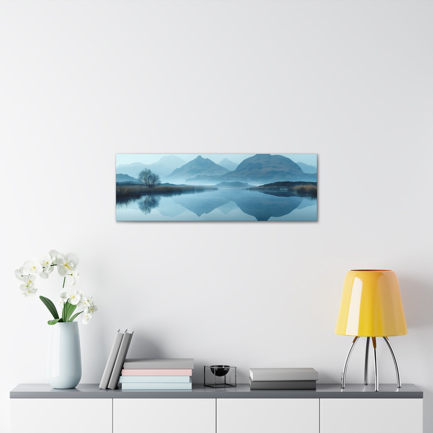 Lake Landscape with Mountains - Morning Mist Panorama Canvas Gallery Wraps