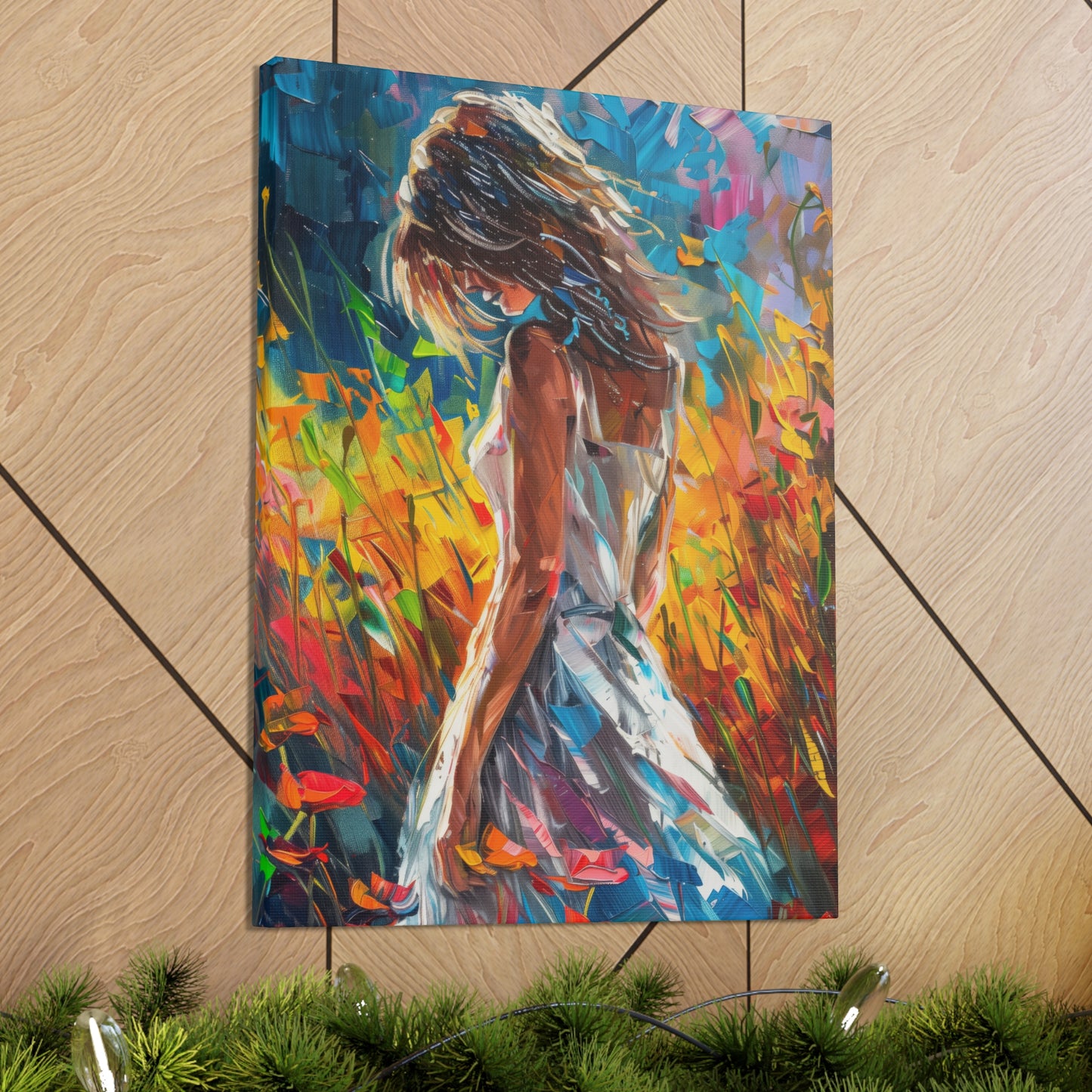 a girl standing in flower field Digital Oil Painting Print Canvas Gallery Wraps